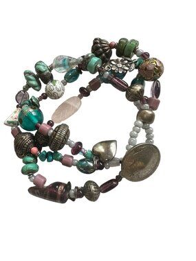 Artisan Indian Head Coin Turquoise Beaded Bracelet with Sterling Silver Charms